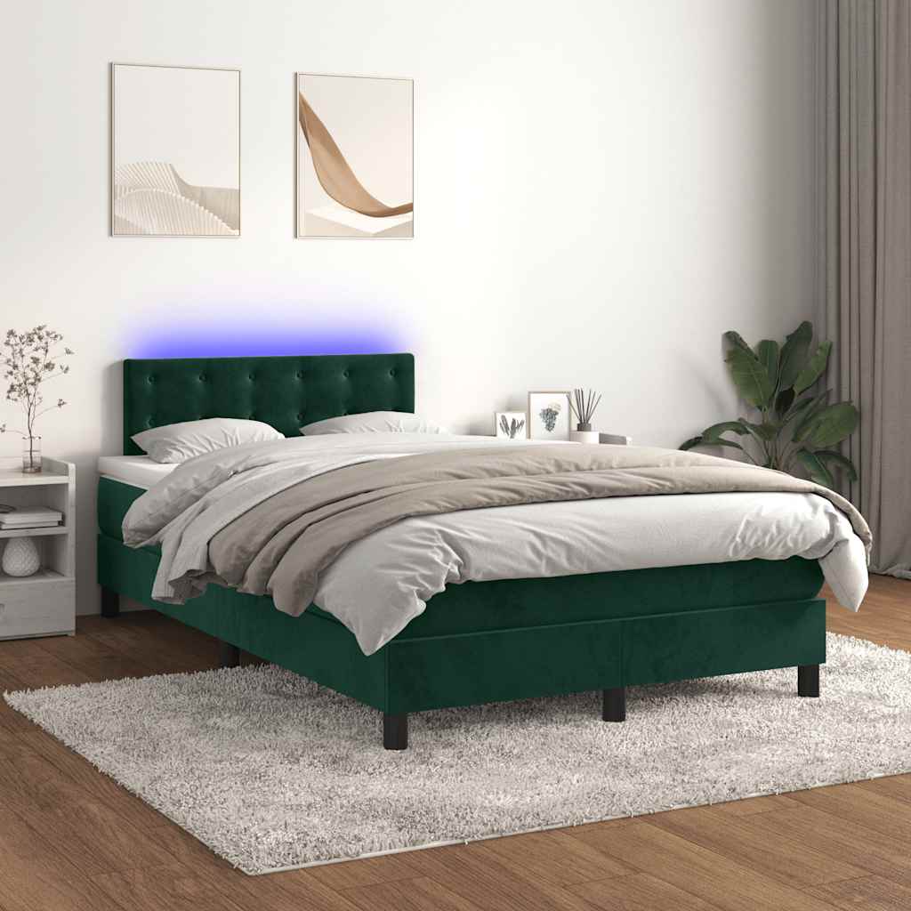 sötétzöld bársony rugós és LED-es ágy matraccal 120x190 cm