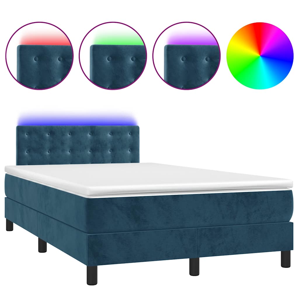 sötétkék bársony rugós és LED-es ágy matraccal 120x190 cm
