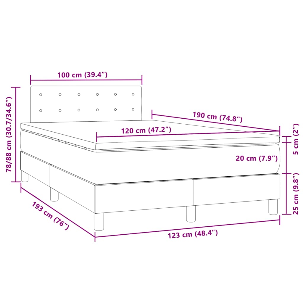 sötétkék bársony rugós és LED-es ágy matraccal 120x190 cm