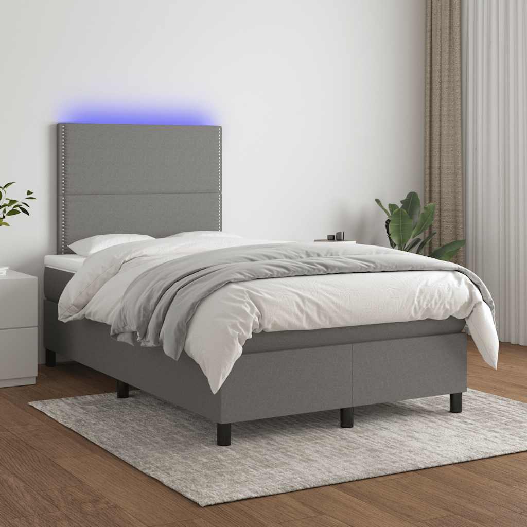 sötétszürke szövet rugós és LED-es ágy matraccal 120x190 cm