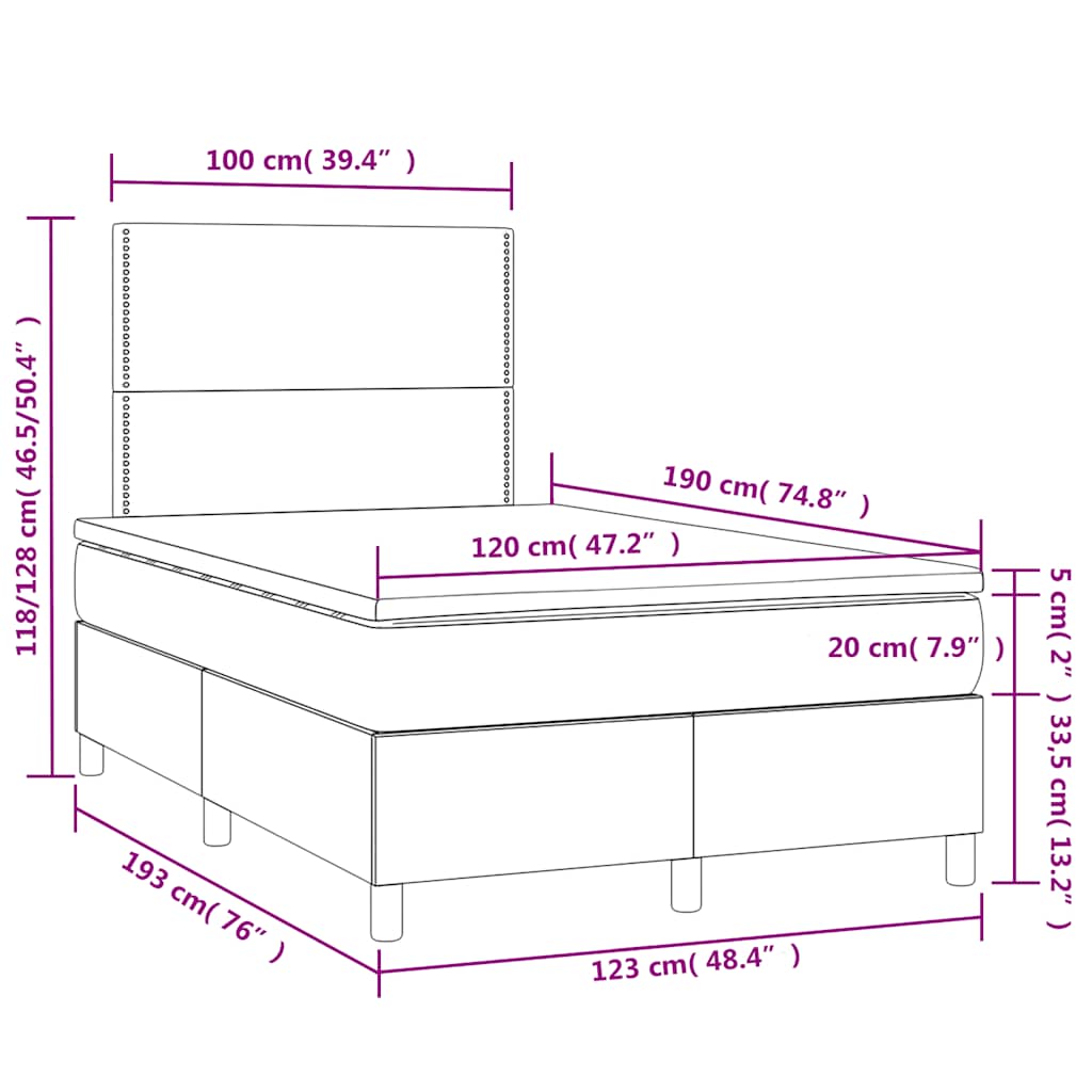 sötétszürke szövet rugós és LED-es ágy matraccal 120x190 cm