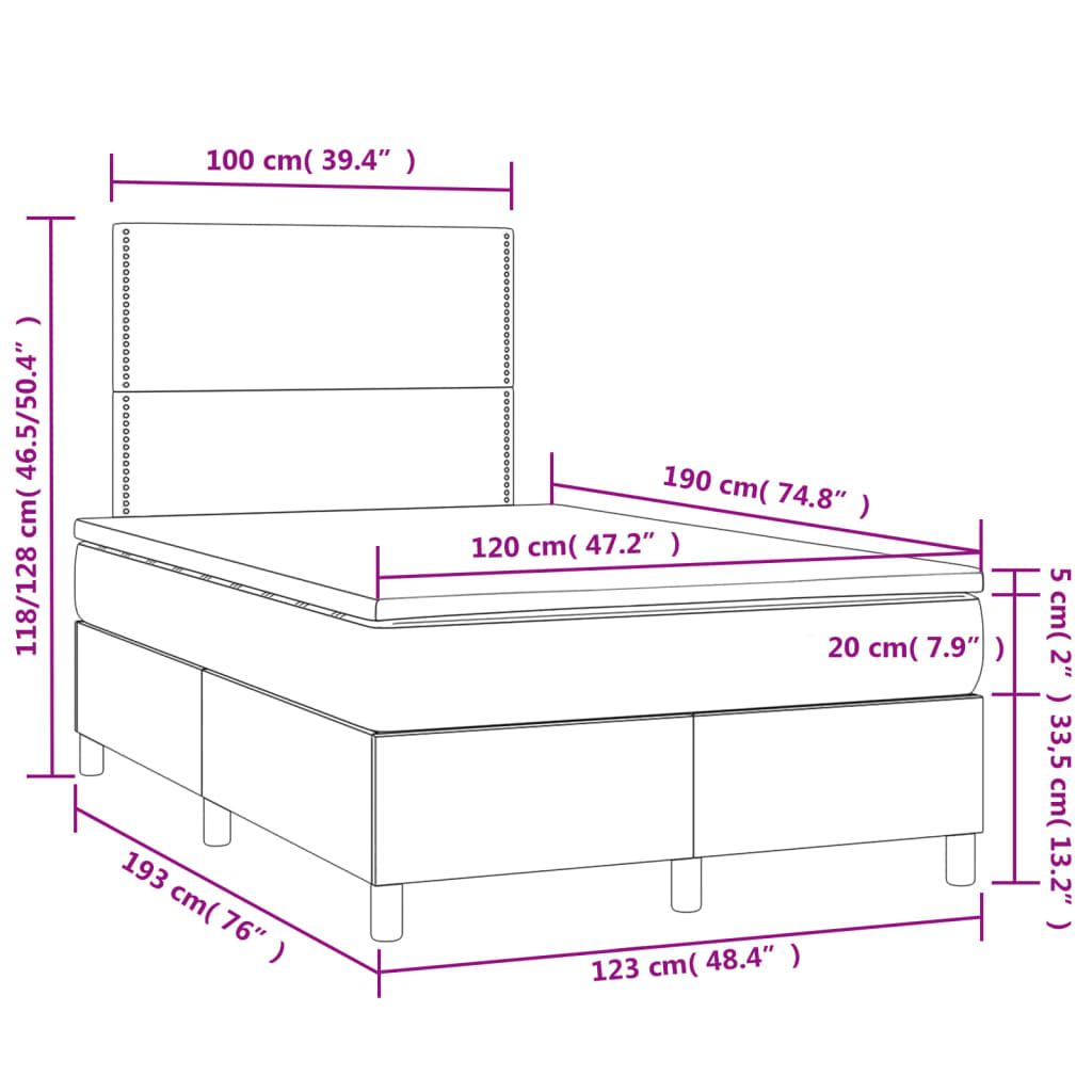 tópszínű szövet rugós és LED-es ágy matraccal 120x190cm