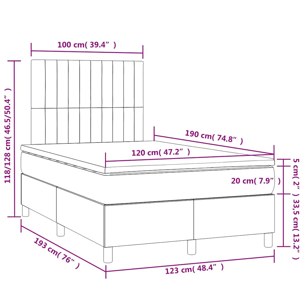 sötétszürke szövet rugós és LED-es ágy matraccal 120x190 cm