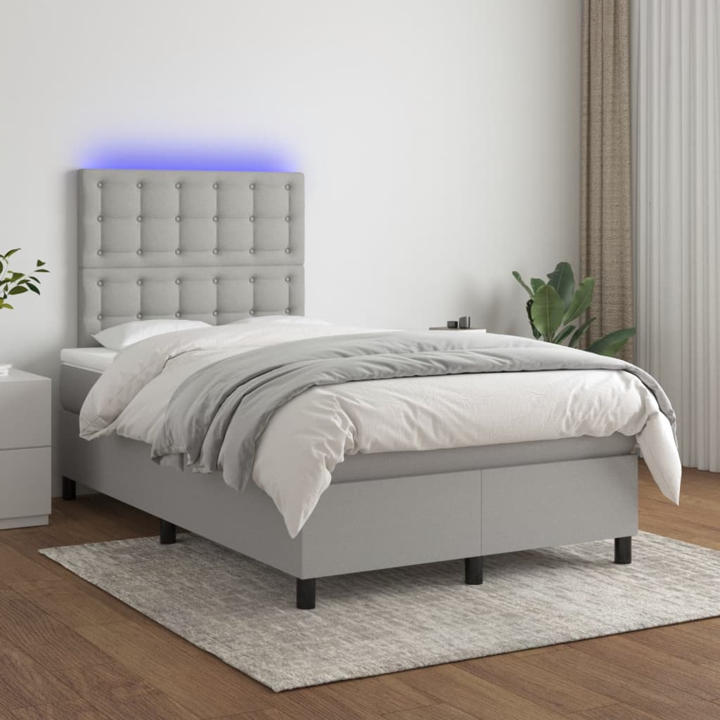 világosszürke szövet rugós és LED-es ágy matraccal 120x190 cm