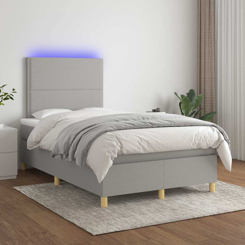 világosszürke szövet rugós és LED-es ágy matraccal 120x190 cm