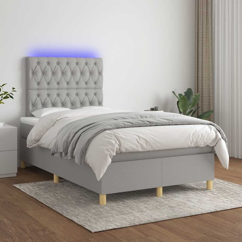 világosszürke szövet rugós és LED-es ágy matraccal 120x190 cm