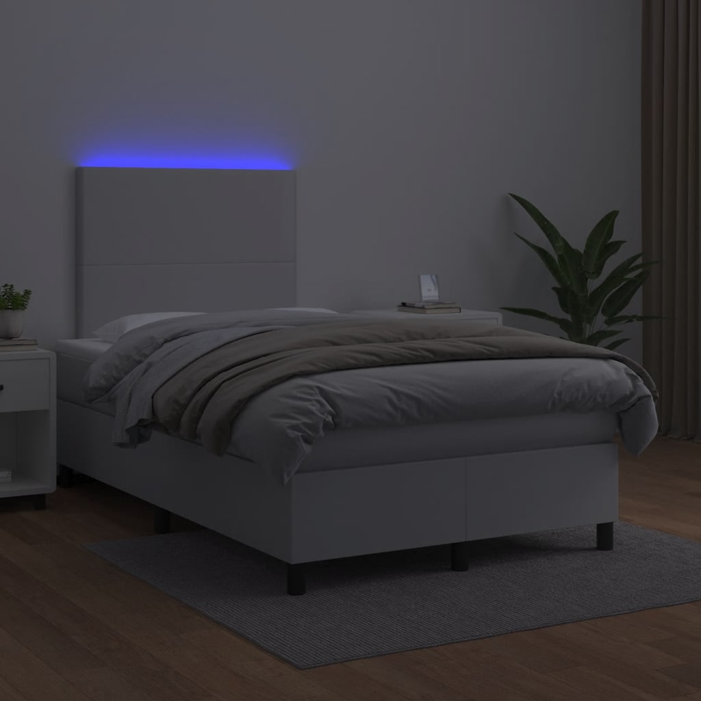 fehér műbőr rugós és LED-es ágy matraccal 120x190 cm
