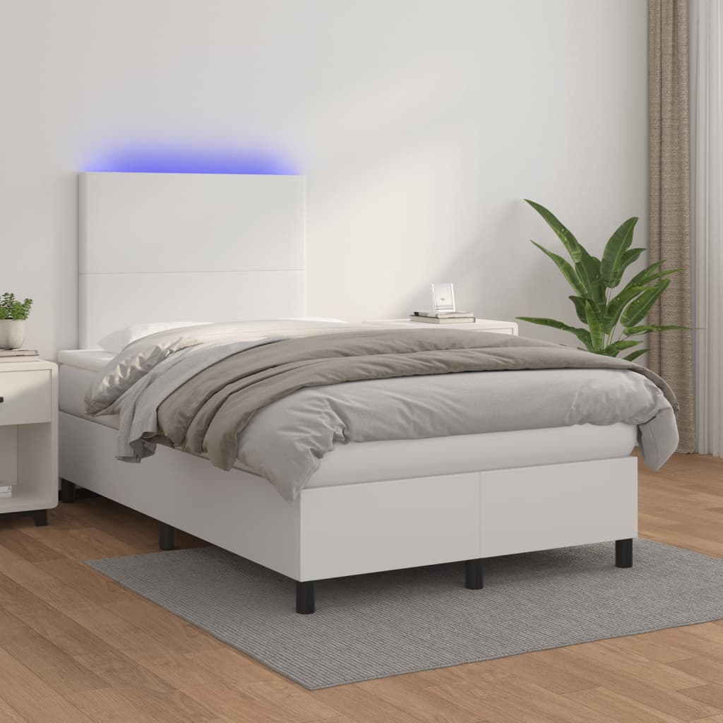 fehér műbőr rugós és LED-es ágy matraccal 120x190 cm