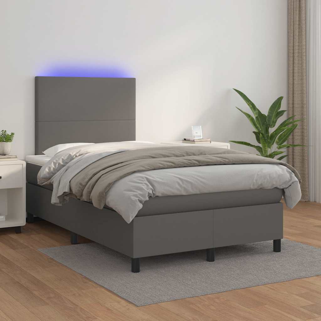szürke műbőr rugós és LED-es ágy matraccal 120x190 cm