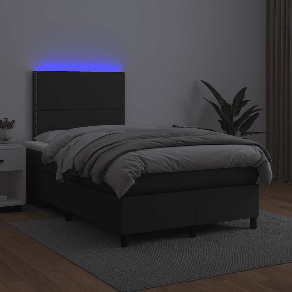 fekete műbőr rugós és LED-es ágy matraccal 120x190 cm