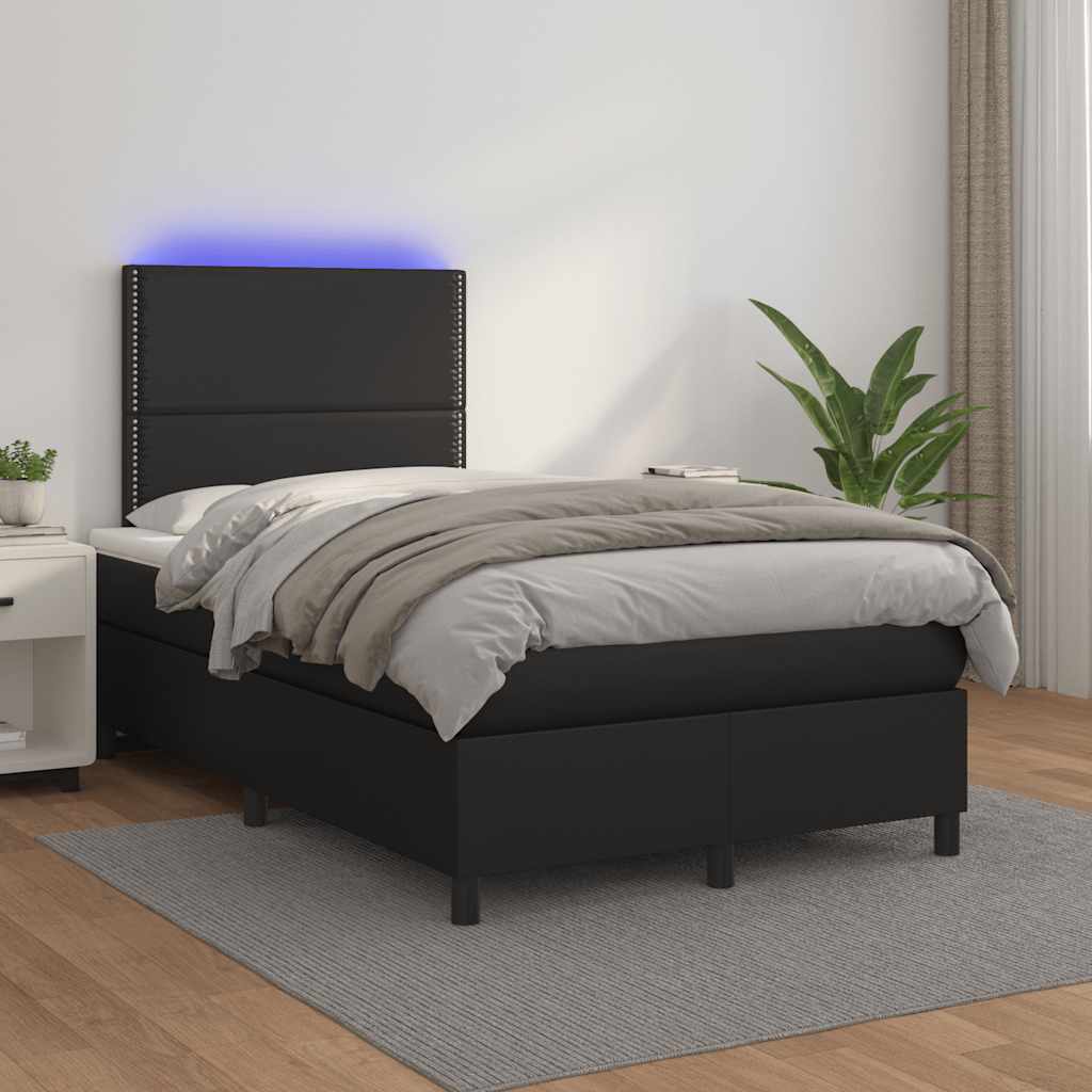 fekete műbőr rugós és LED-es ágy matraccal 120x190 cm