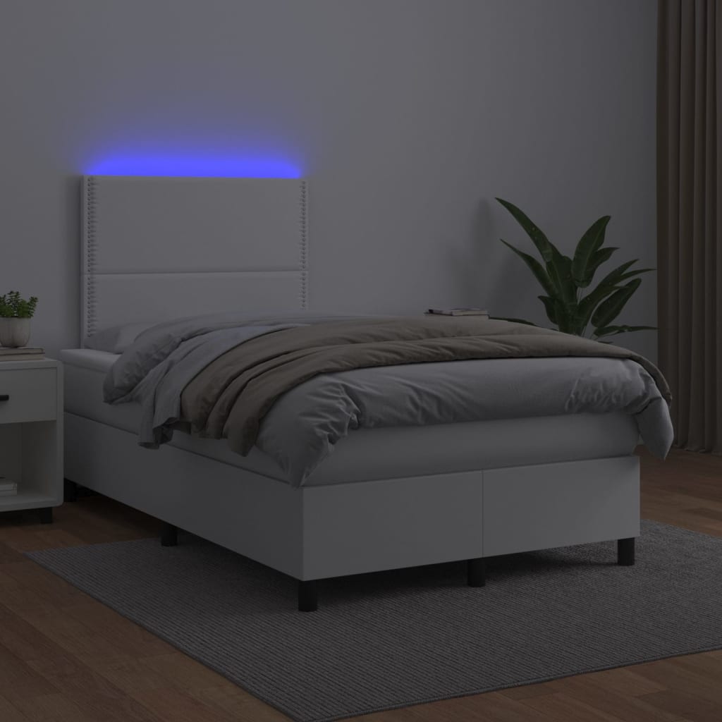 fehér műbőr rugós és LED-es ágy matraccal 120x190 cm