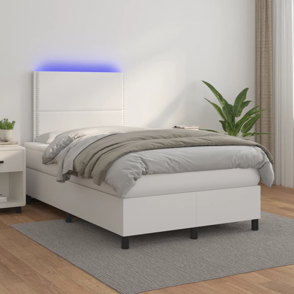 fehér műbőr rugós és LED-es ágy matraccal 120x190 cm