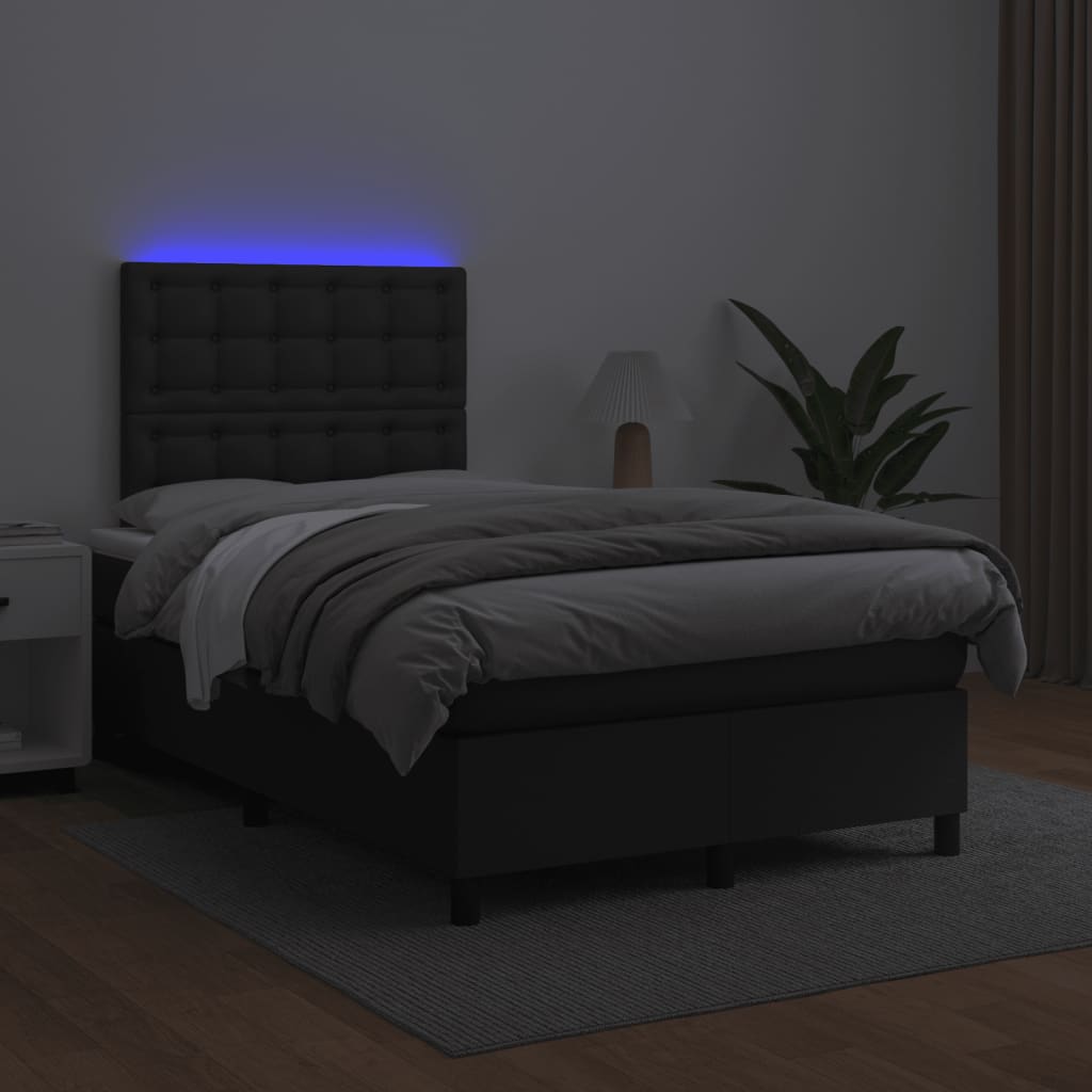 fekete műbőr rugós és LED-es ágy matraccal 120x190 cm