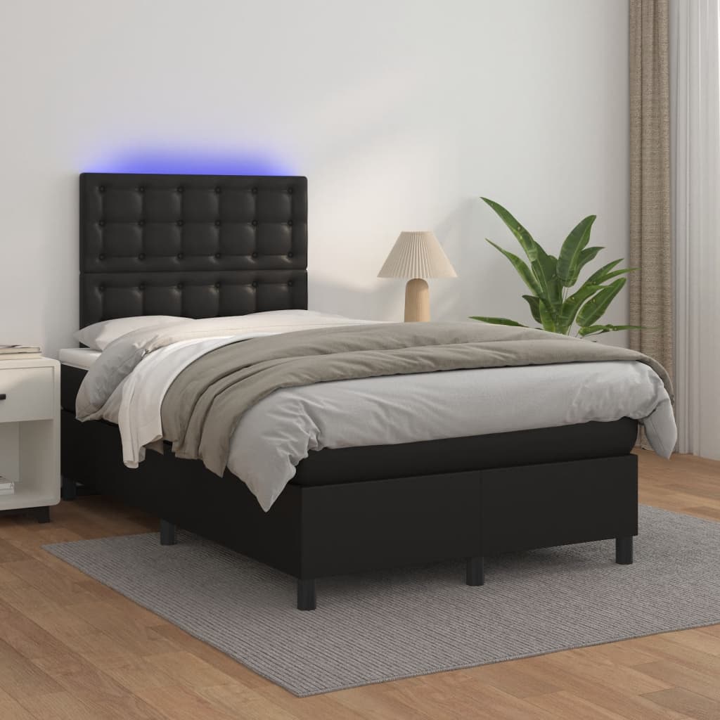 fekete műbőr rugós és LED-es ágy matraccal 120x190 cm