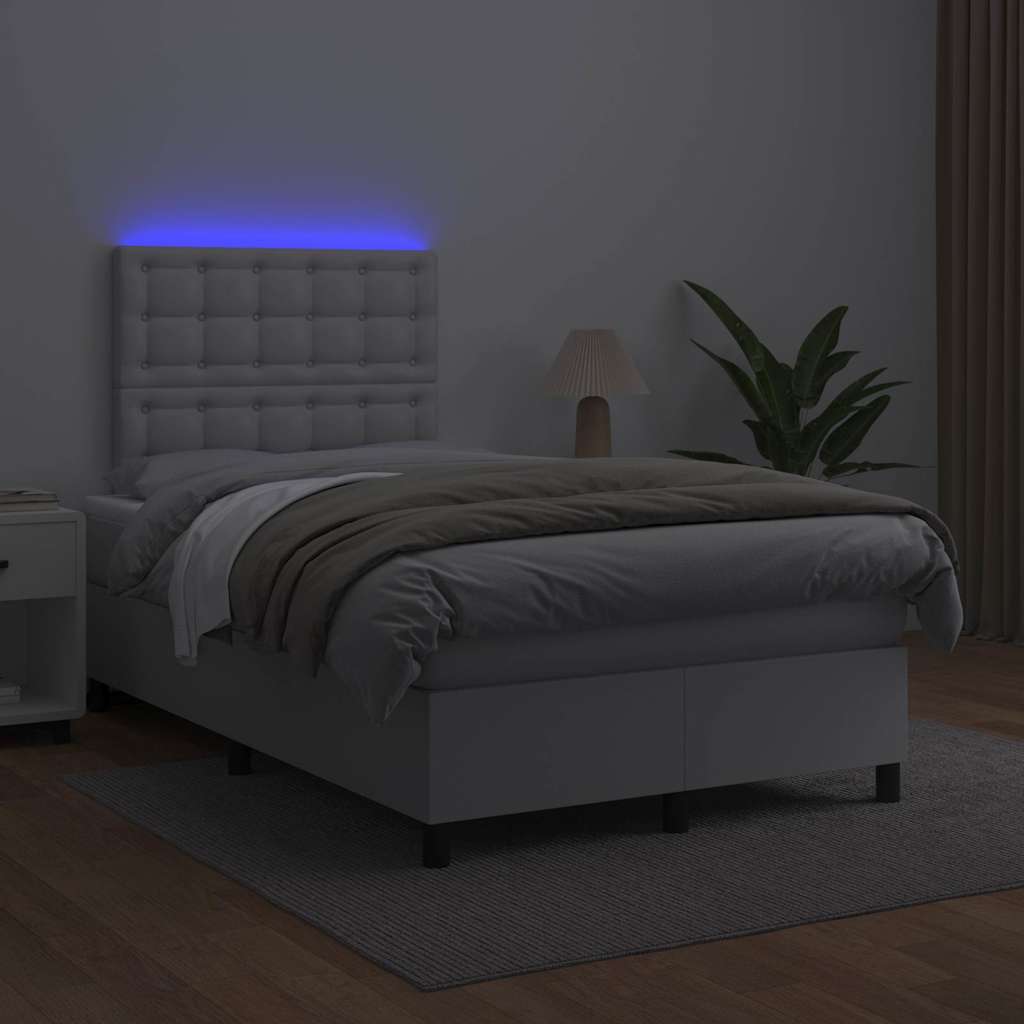 fehér műbőr rugós és LED-es ágy matraccal 120x190 cm