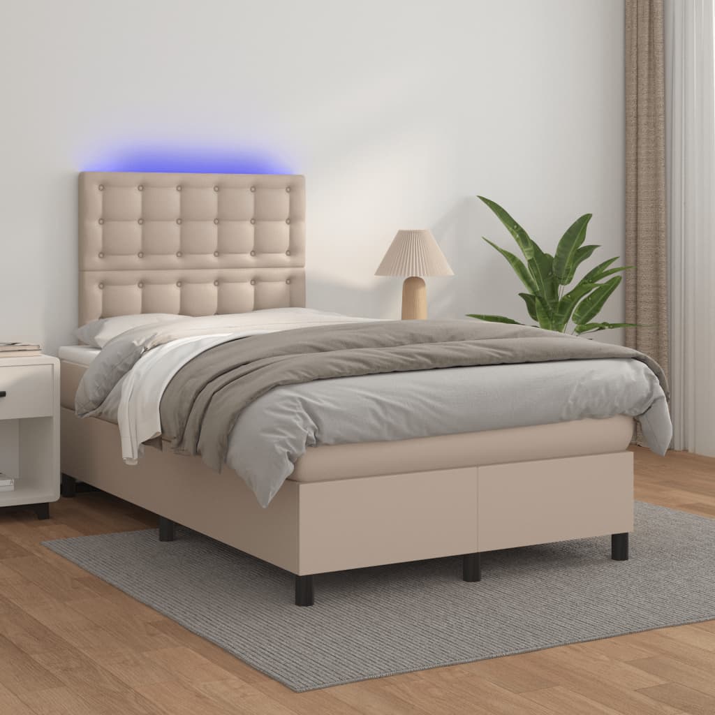 cappuccino színű műbőr rugós és LED-es ágy matraccal 120x190 cm