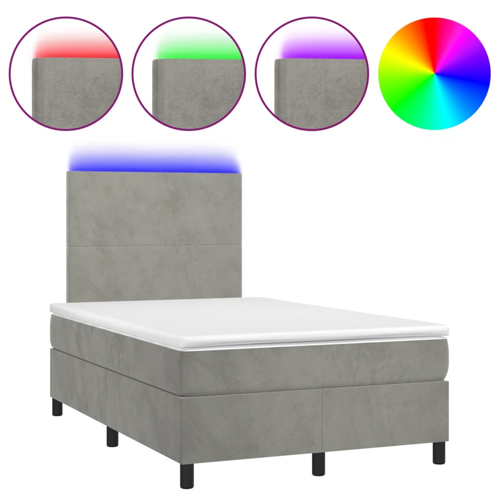 világosszürke bársony rugós és LED-es ágy matraccal 120x190 cm