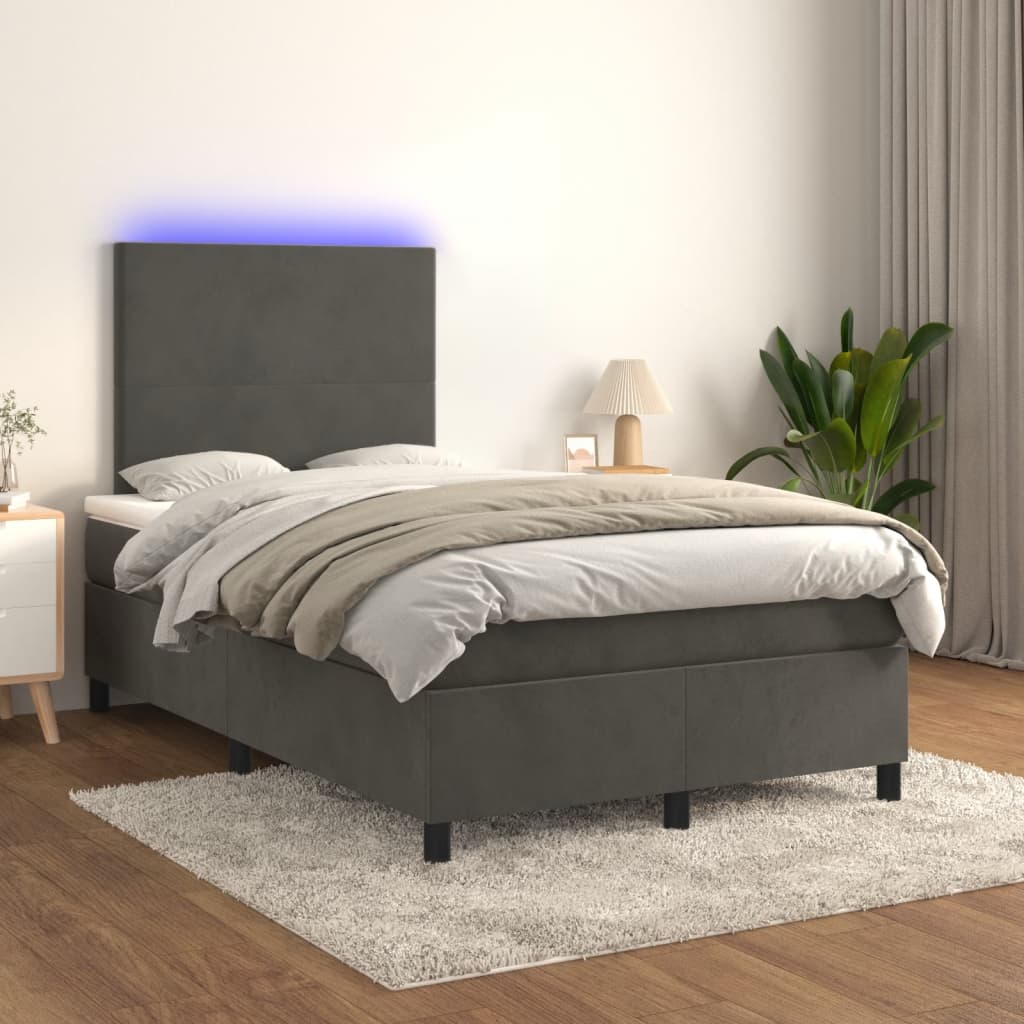 sötétszürke bársony rugós és LED-es ágy matraccal 120x190 cm