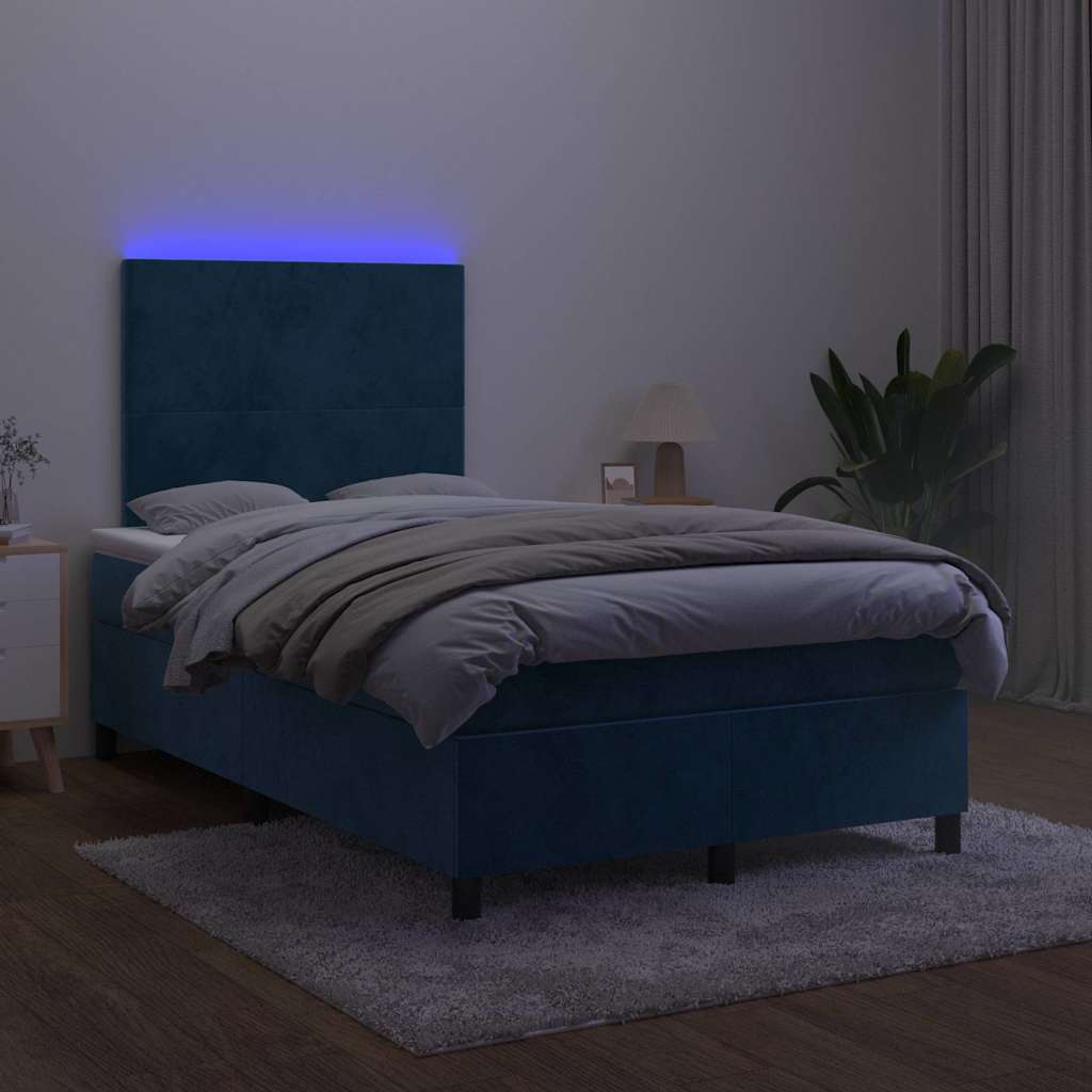 sötétkék bársony rugós és LED-es ágy matraccal 120x190 cm