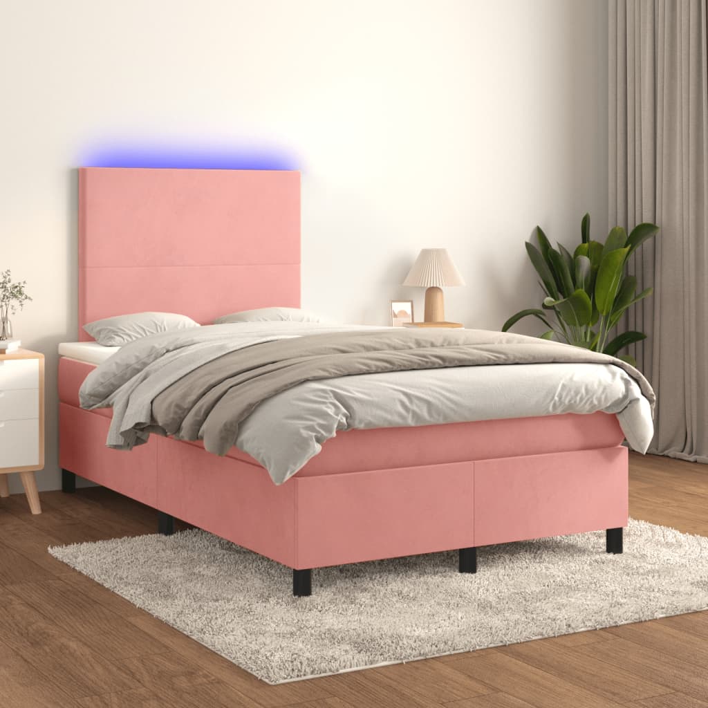 rózsaszín bársony rugós és LED-es ágy matraccal 120 x 190 cm