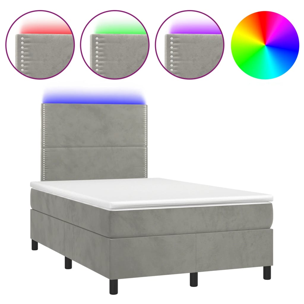 világosszürke bársony rugós és LED-es ágy matraccal 120x190 cm