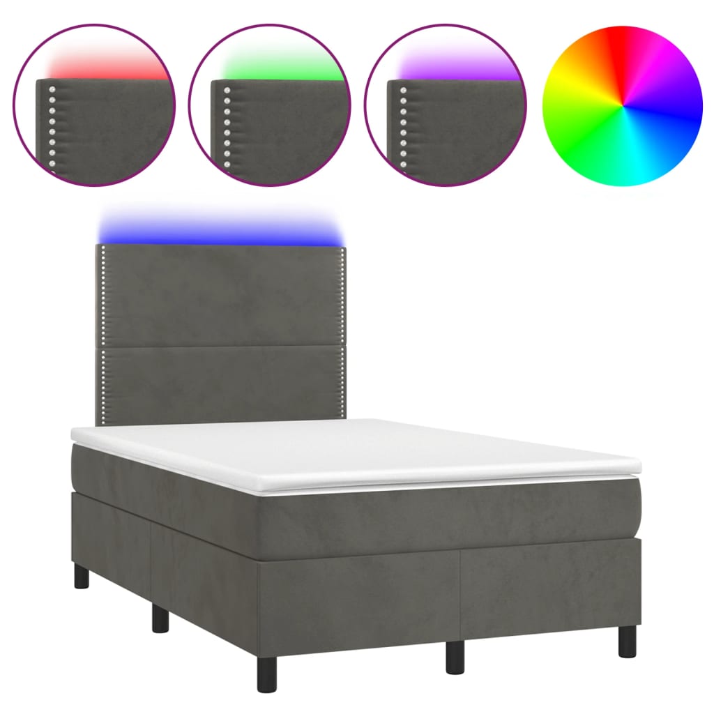 sötétszürke bársony rugós és LED-es ágy matraccal 120x190 cm