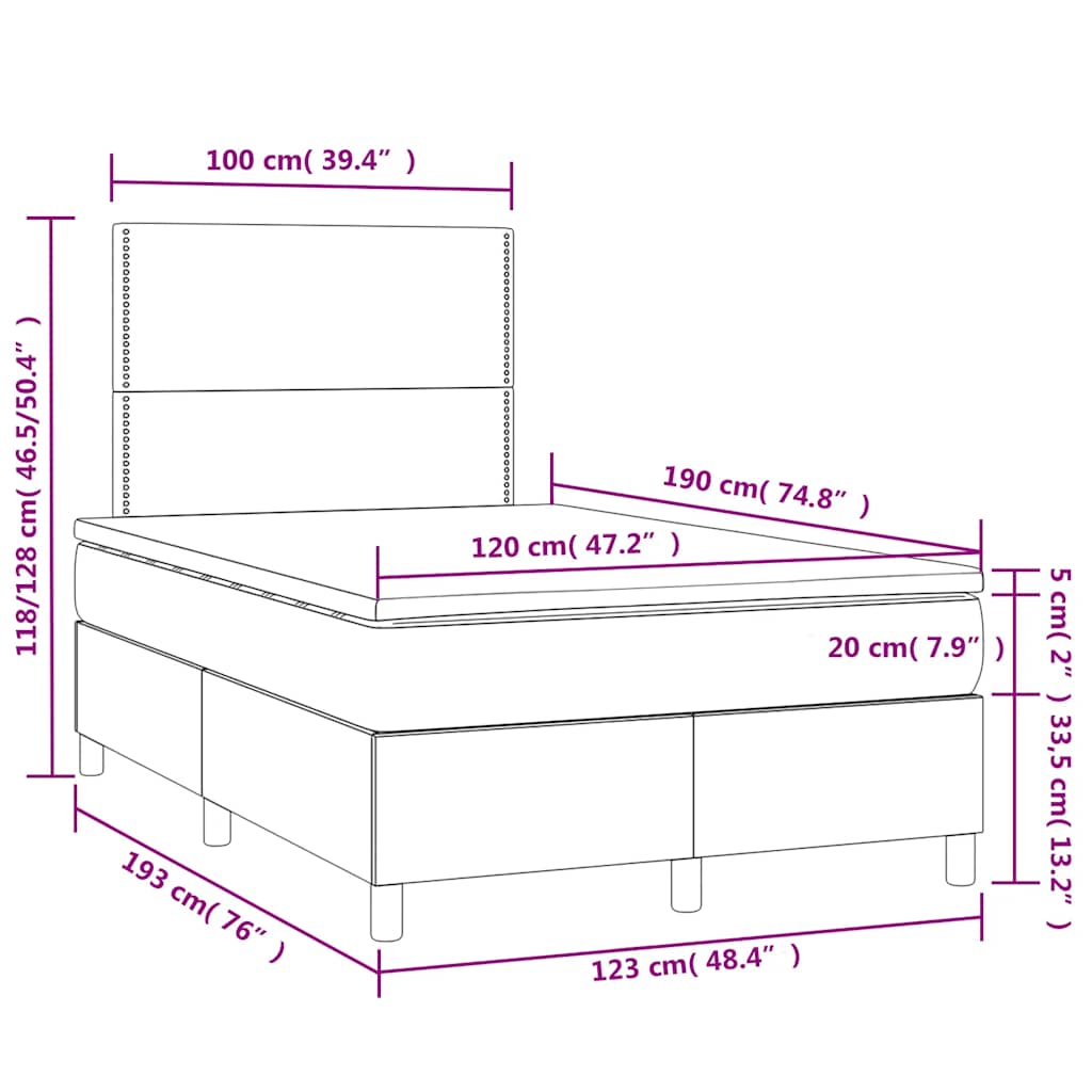 fekete bársony rugós és LED-es ágy matraccal 120x190 cm