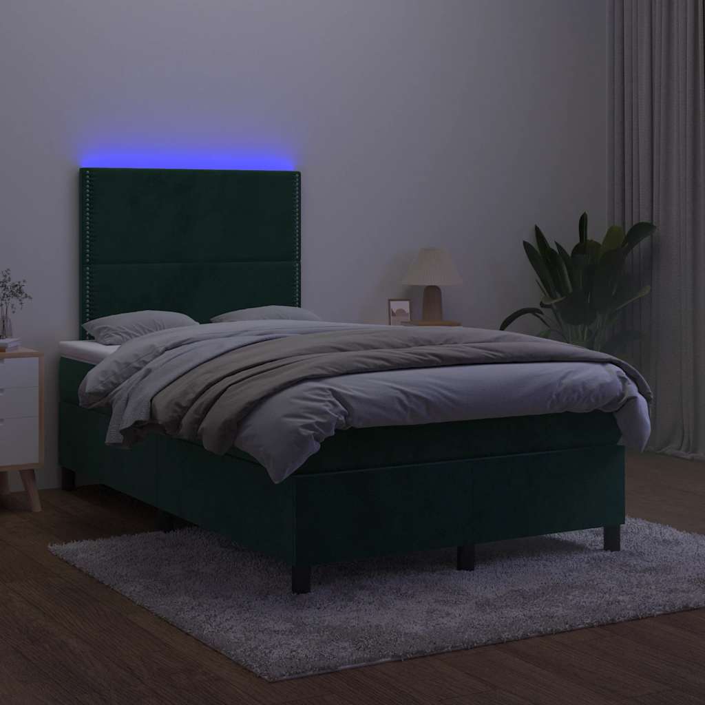 sötétzöld bársony rugós és LED-es ágy matraccal 120x190 cm