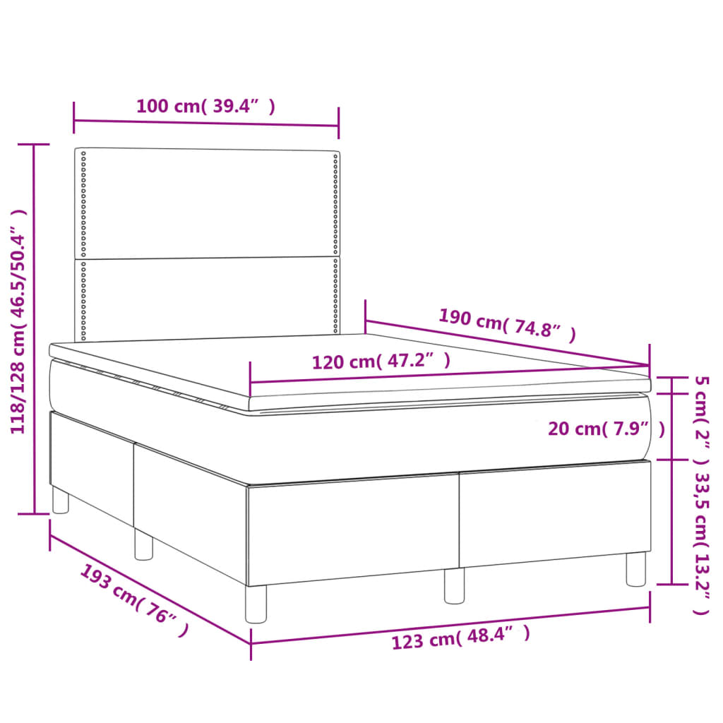 sötétkék bársony rugós és LED-es ágy matraccal 120x190 cm
