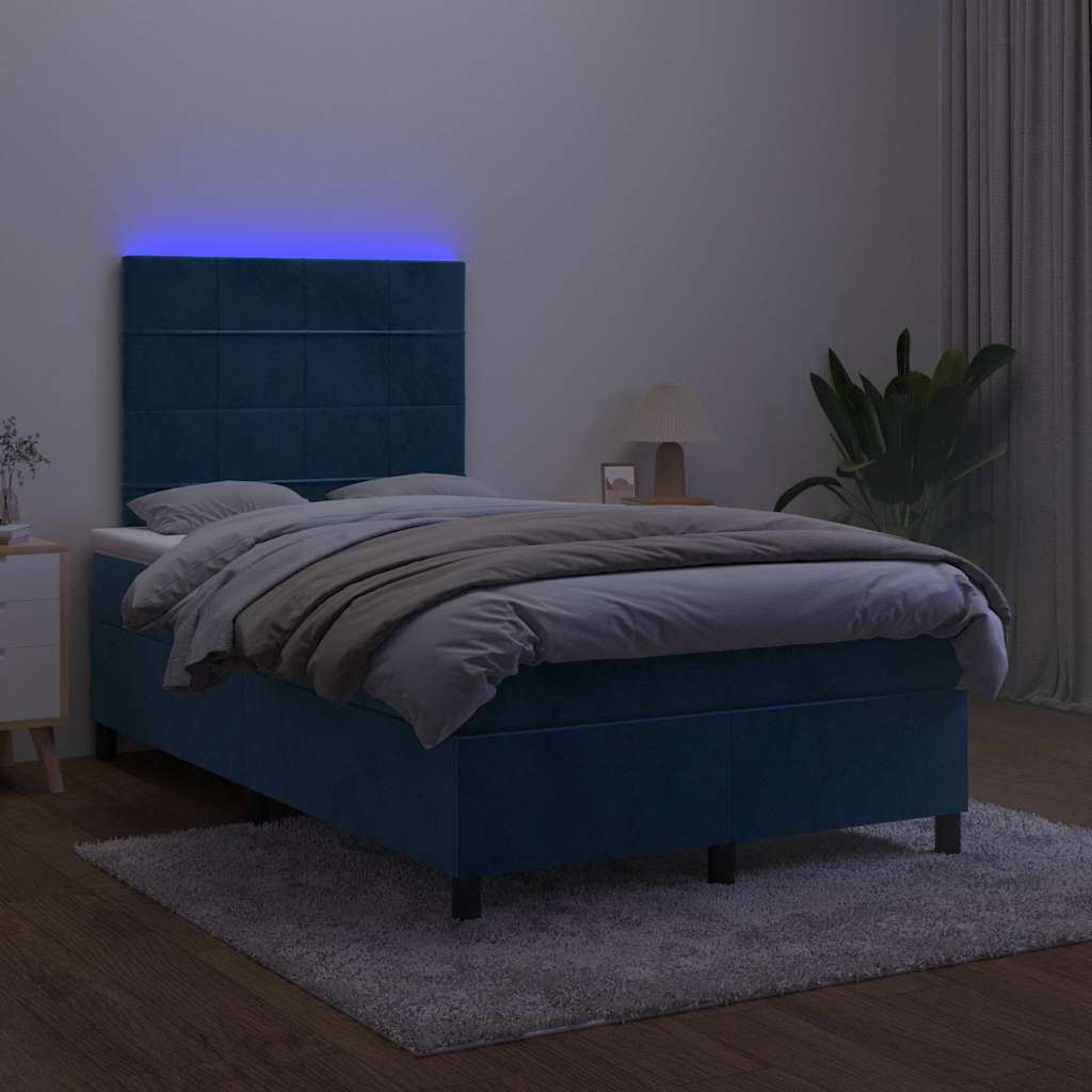 sötétkék bársony rugós és LED-es ágy matraccal 120x190 cm