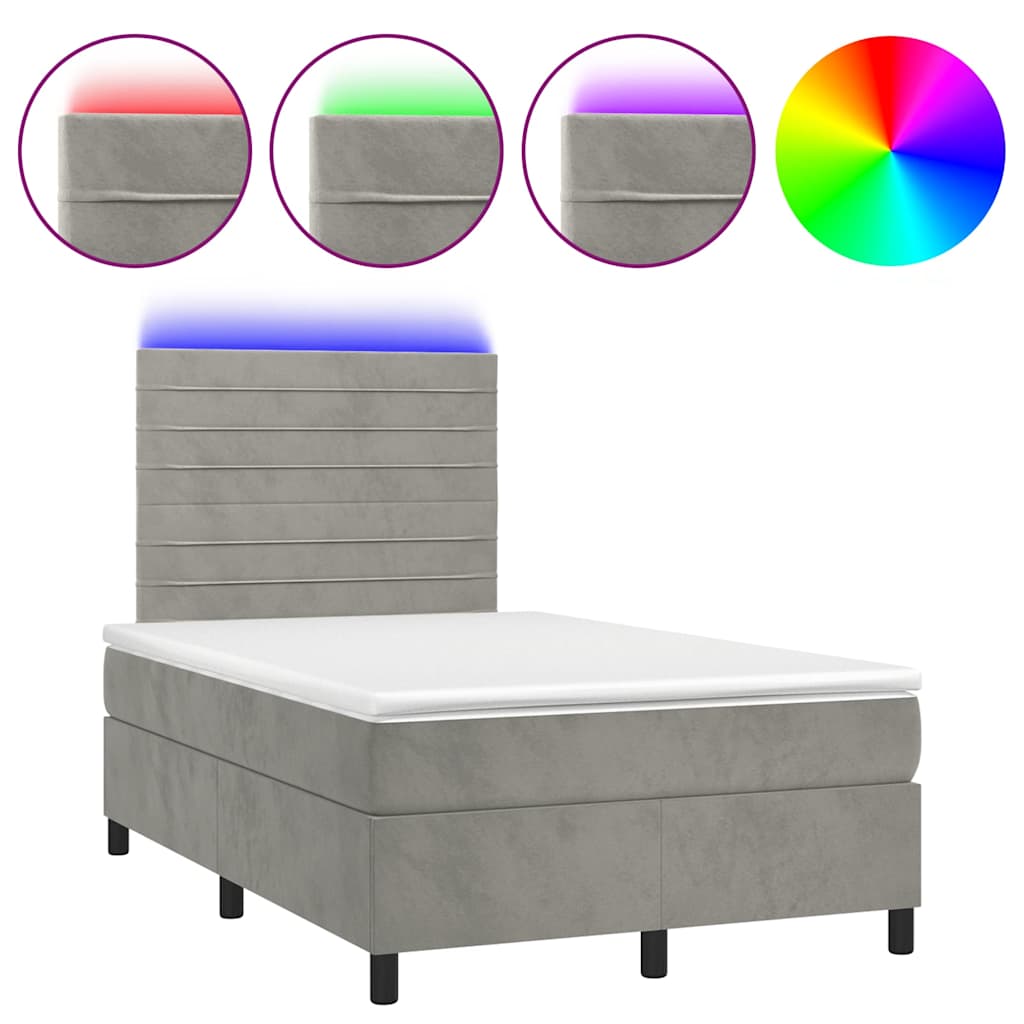 világosszürke bársony rugós és LED-es ágy matraccal 120x190 cm