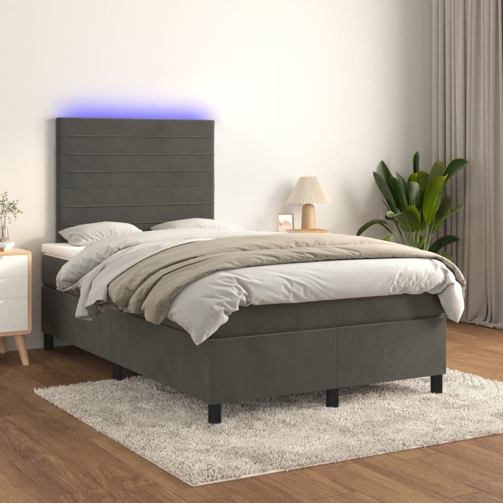 sötétszürke bársony rugós és LED-es ágy matraccal 120x190 cm