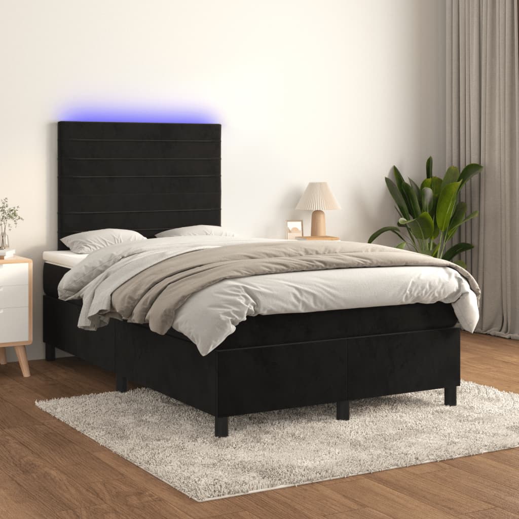 fekete bársony rugós és LED-es ágy matraccal 120x190 cm