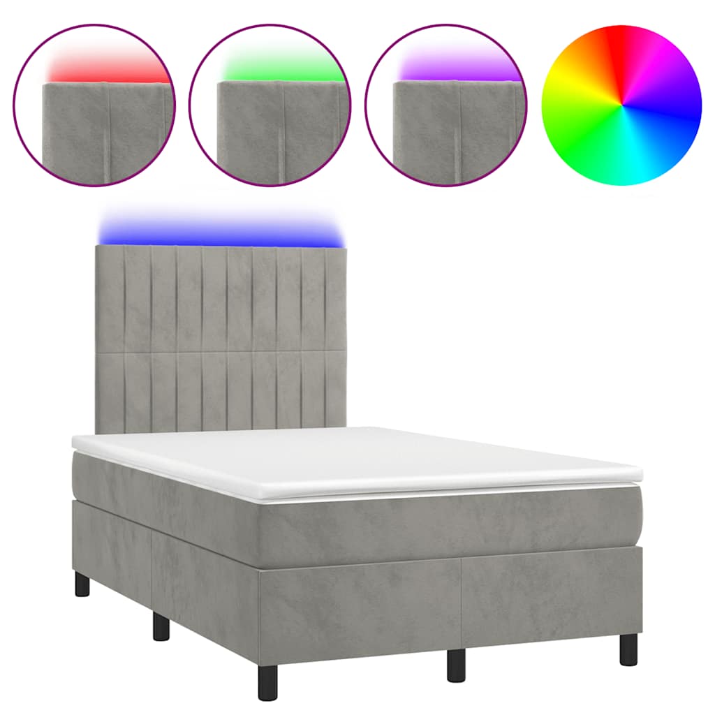 világosszürke bársony rugós és LED-es ágy matraccal 120x190 cm