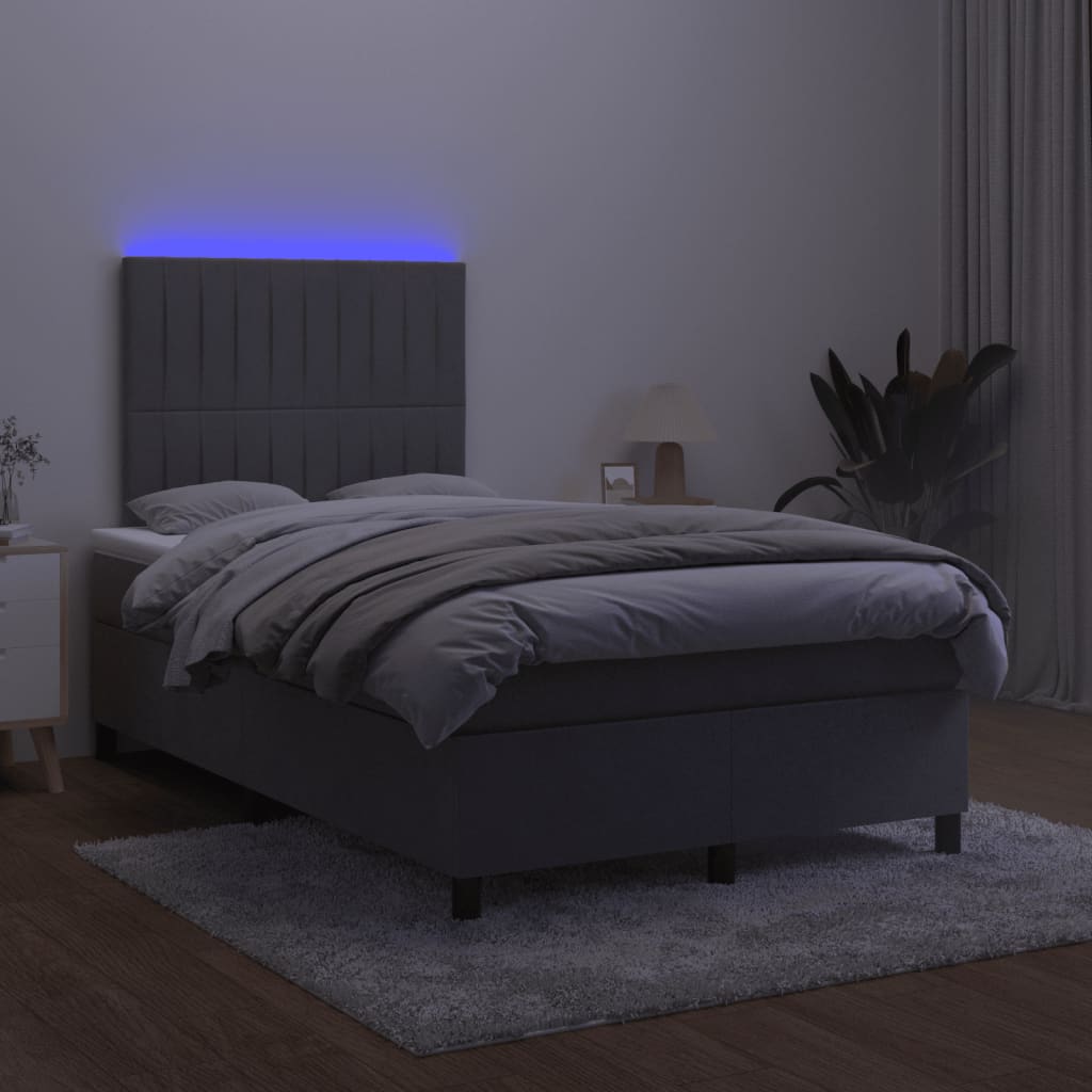 sötétszürke bársony rugós és LED-es ágy matraccal 120x190 cm