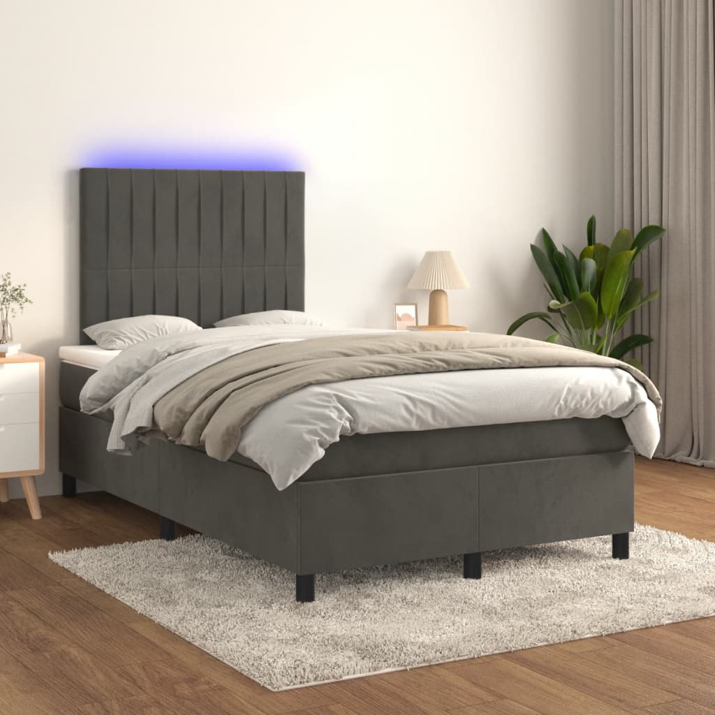 sötétszürke bársony rugós és LED-es ágy matraccal 120x190 cm