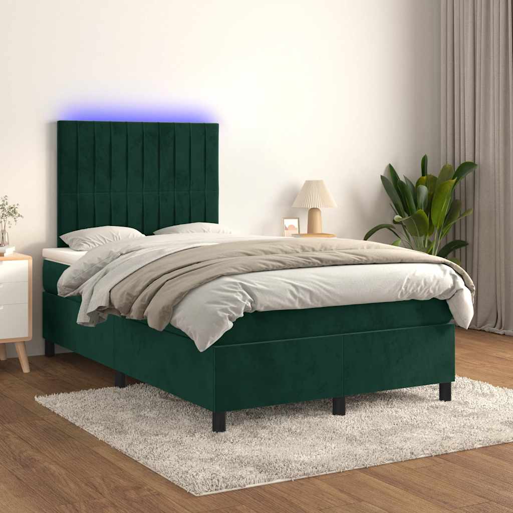 sötétzöld bársony rugós és LED-es ágy matraccal 120x190 cm