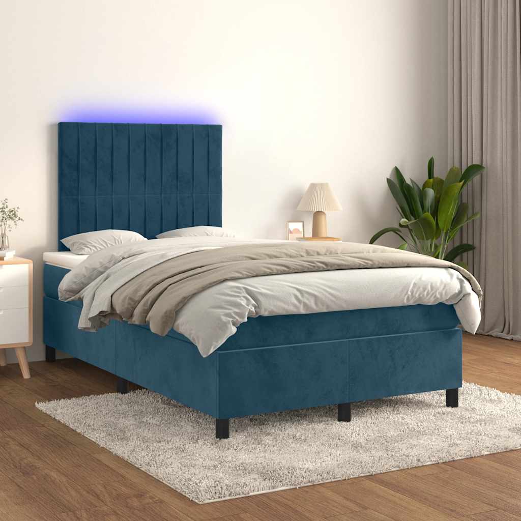 sötétkék bársony rugós és LED-es ágy matraccal 120x190 cm