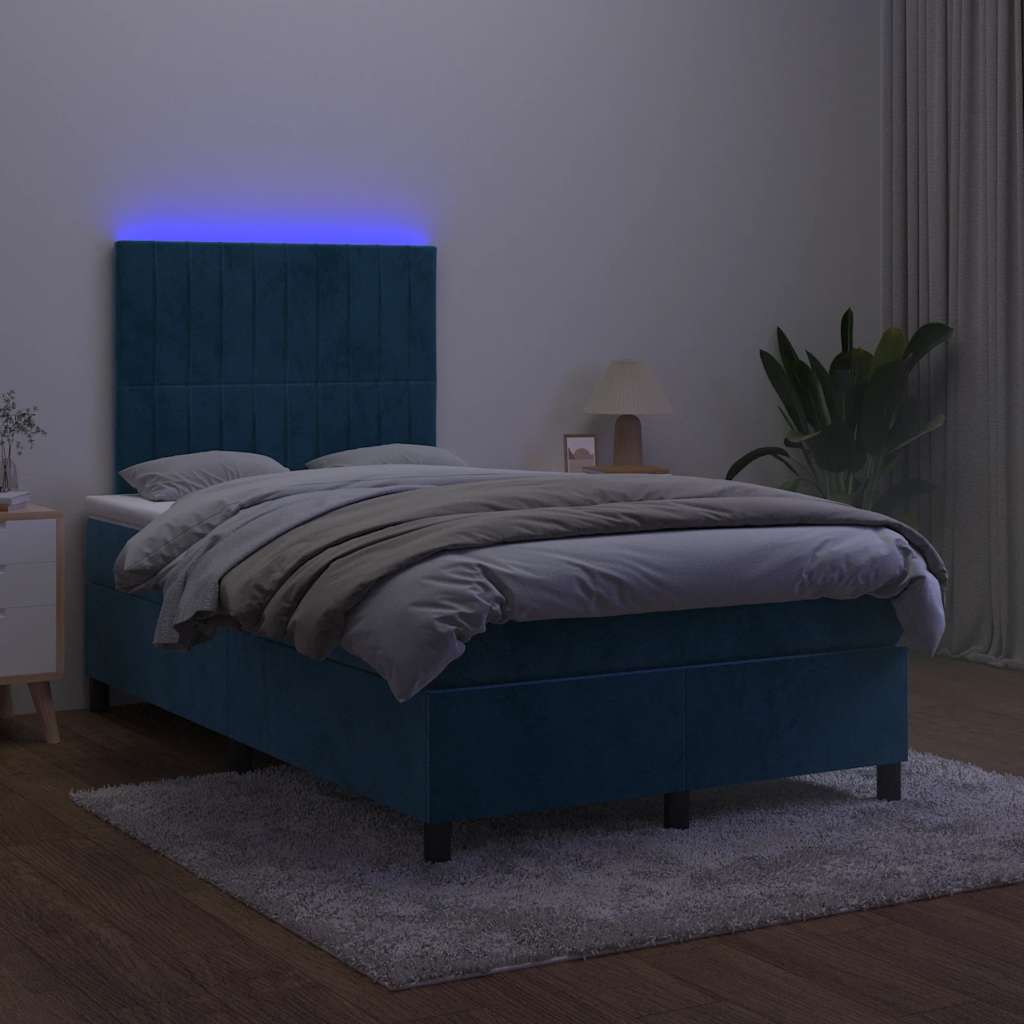 sötétkék bársony rugós és LED-es ágy matraccal 120x190 cm