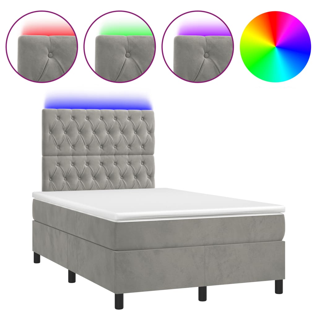 világosszürke bársony rugós és LED-es ágy matraccal 120x190 cm