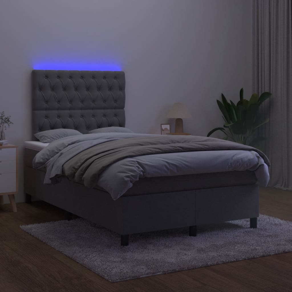 sötétszürke bársony rugós és LED-es ágy matraccal 120x190 cm
