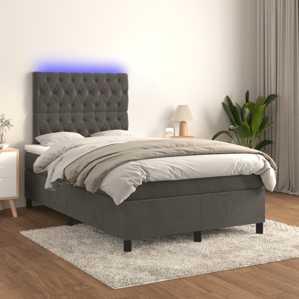 sötétszürke bársony rugós és LED-es ágy matraccal 120x190 cm
