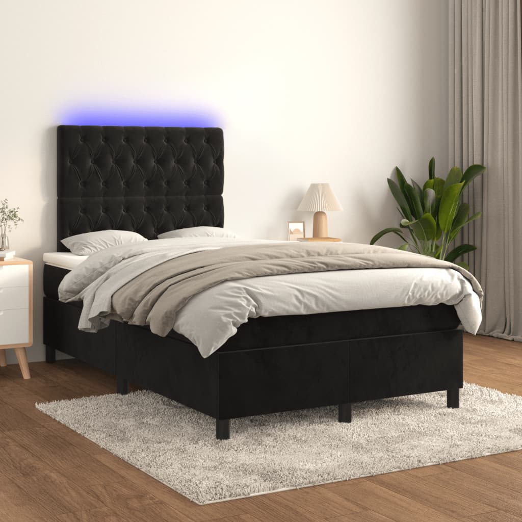 fekete bársony rugós és LED-es ágy matraccal 120x190 cm