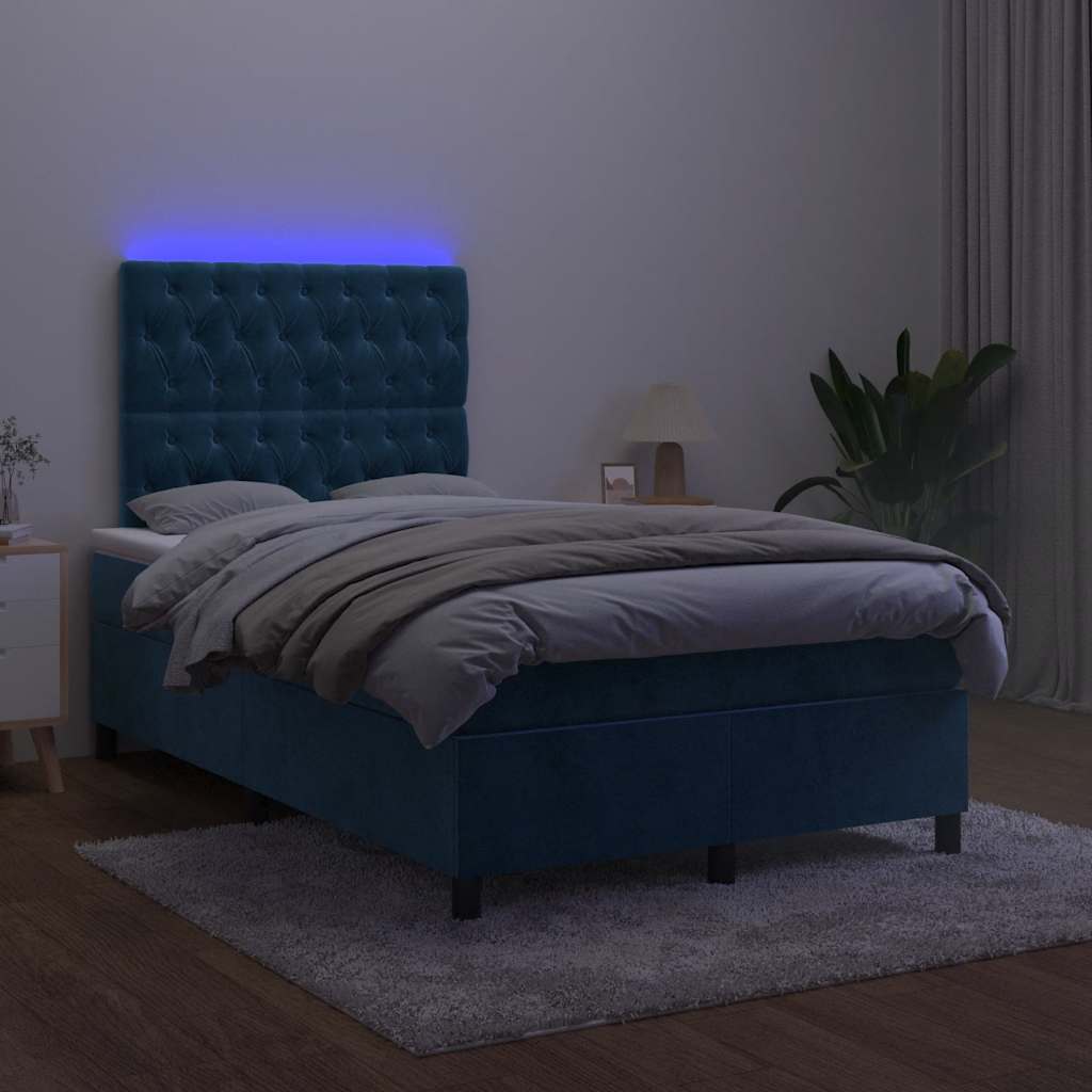 sötétkék bársony rugós és LED-es ágy matraccal 120x190 cm