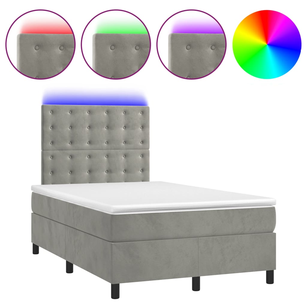 világosszürke bársony rugós és LED-es ágy matraccal 120x190 cm