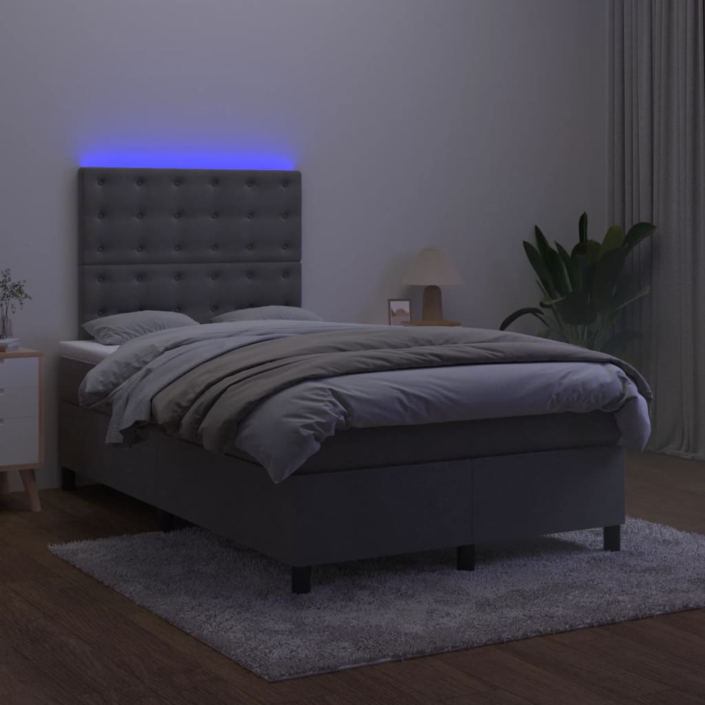 sötétszürke bársony rugós és LED-es ágy matraccal 120x190 cm