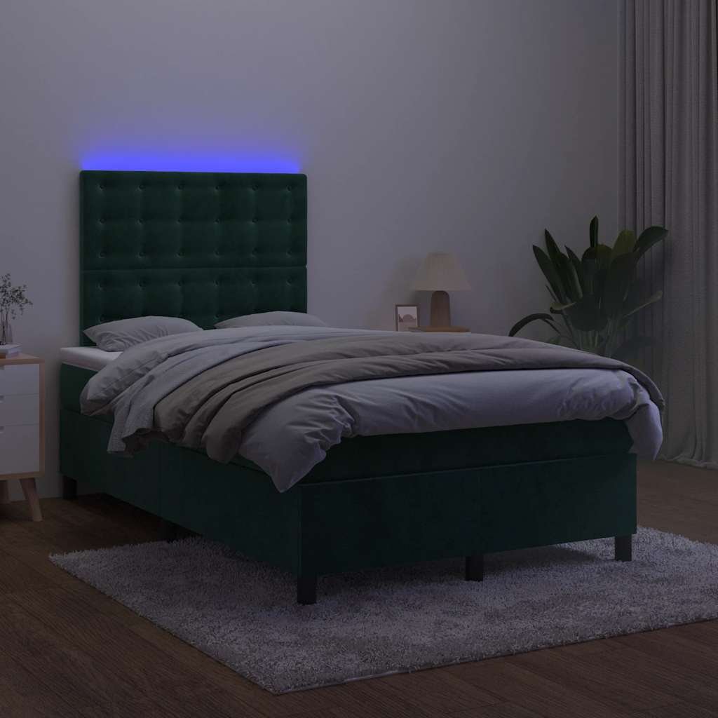 sötétzöld bársony rugós és LED-es ágy matraccal 120x190 cm
