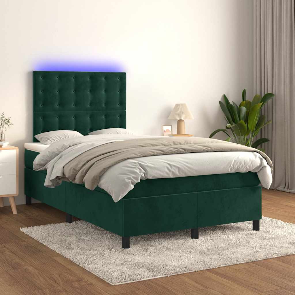 sötétzöld bársony rugós és LED-es ágy matraccal 120x190 cm
