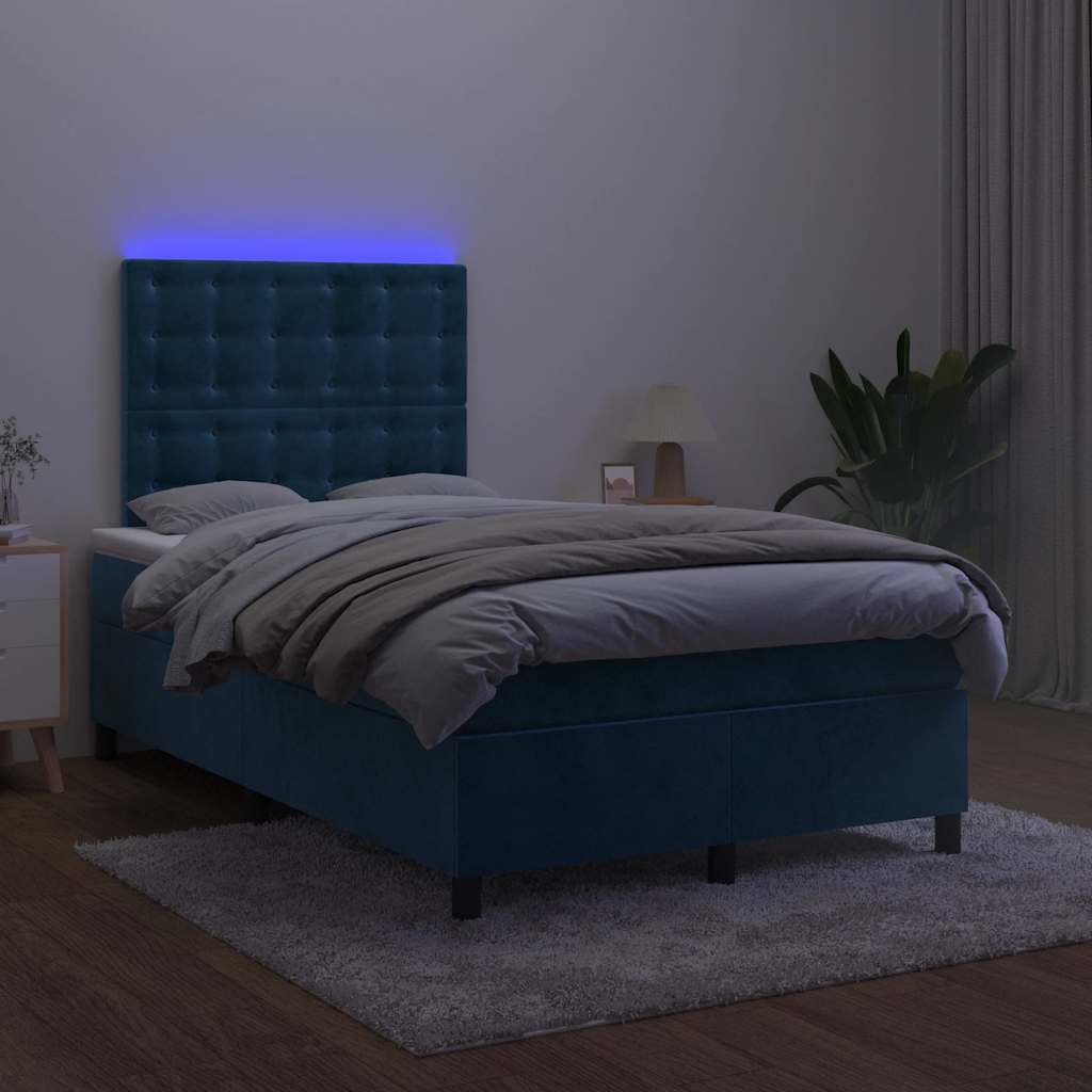 sötétkék bársony rugós és LED-es ágy matraccal 120x190 cm